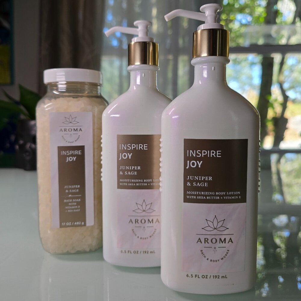 Bath & Body Works- Inspire Joy- Juniper and Sage Lotion (2) and Bath Soak